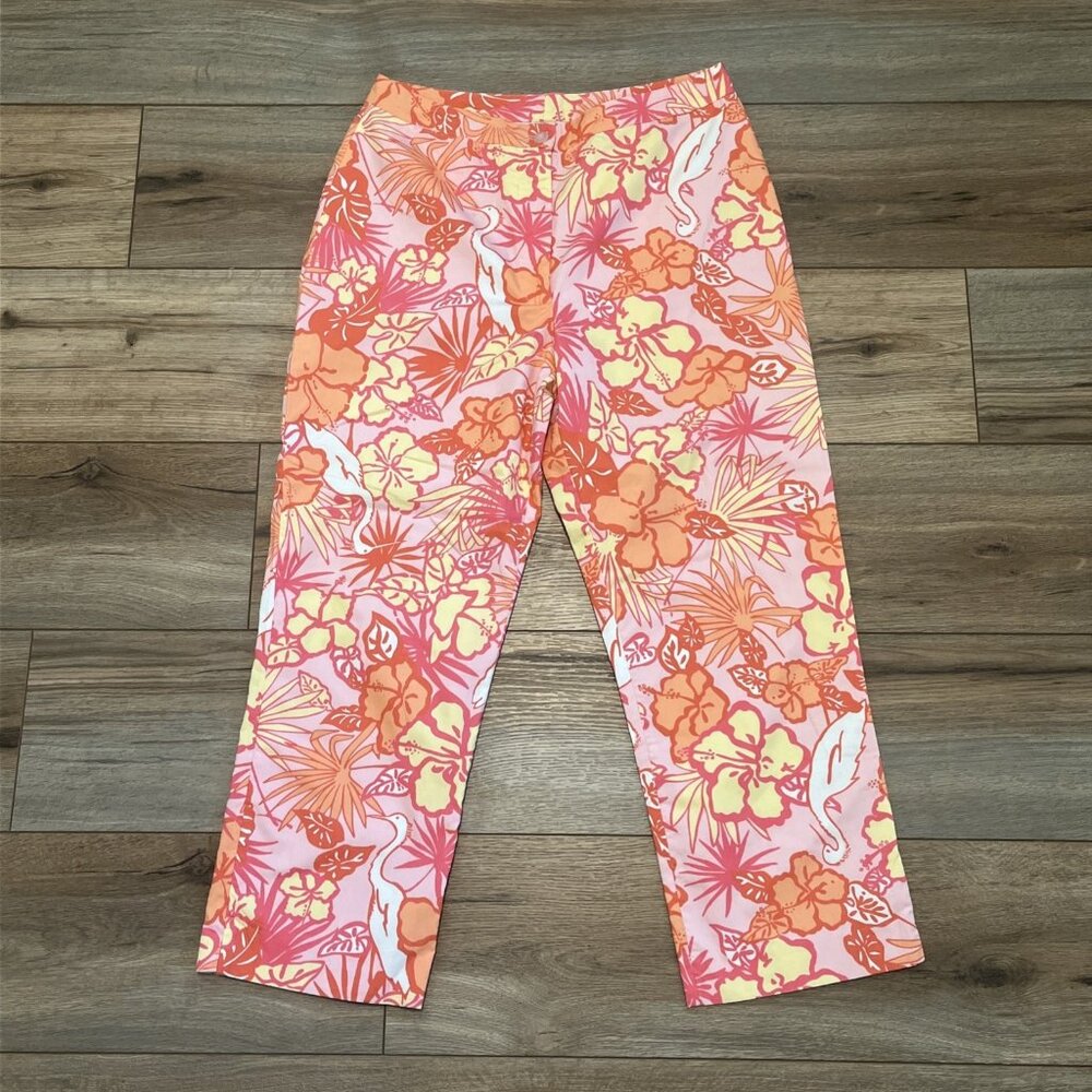 Lilly Pulitzer Cropped Cotton Pants SZ 6 Pink Heron There Orange Pink Floral